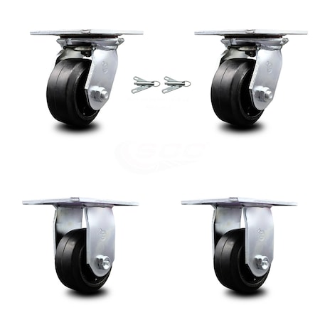 Service Caster 4 Inch Rubber on Steel Caster Set with Ball Bearing 2 Swivel Lock and 2 Rigid SCC-35S420-RSB-BSL-2-R-2